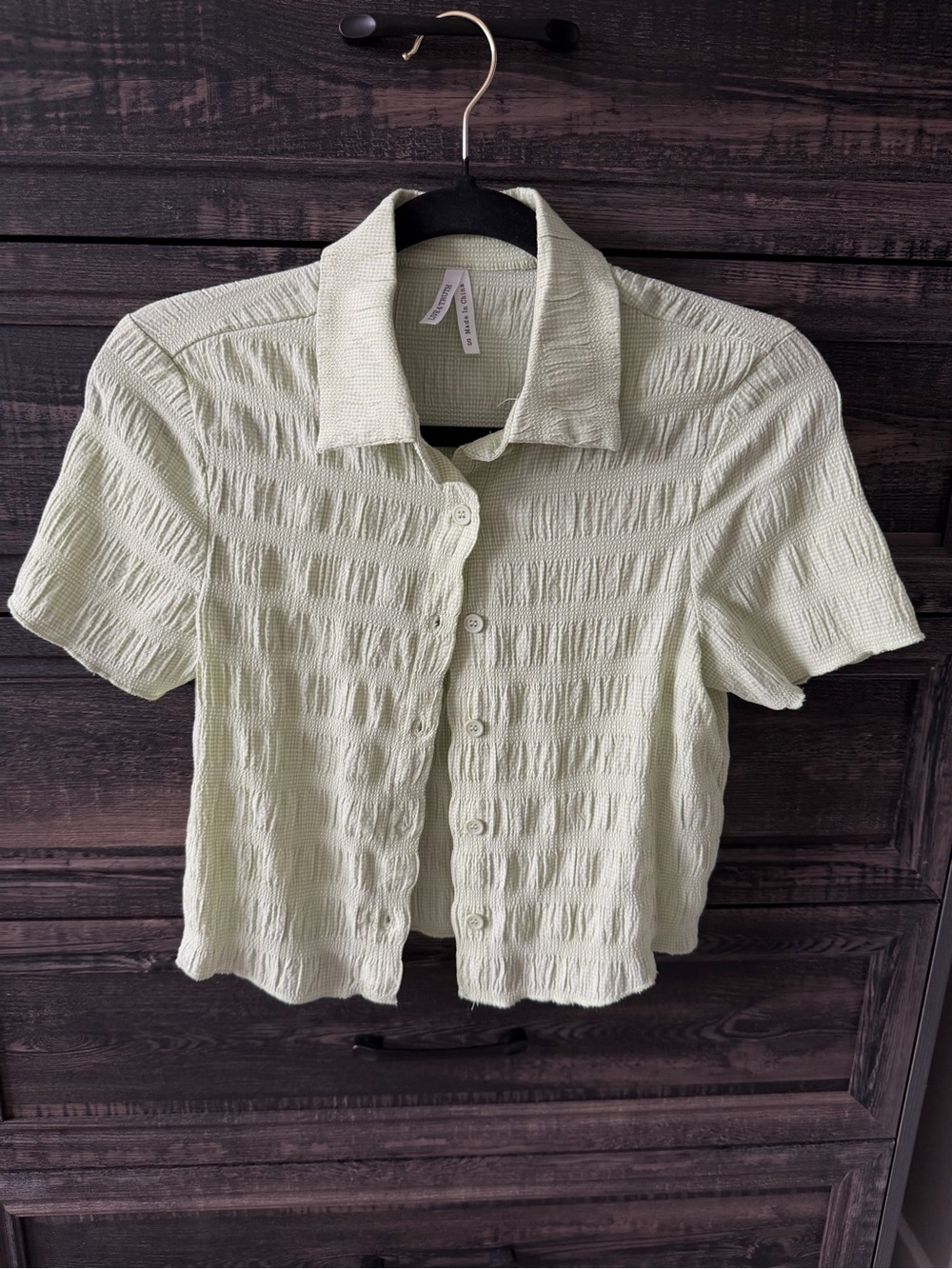 Urban Outfitters Light Sage Textured Button-Down Short Sleeve Top
